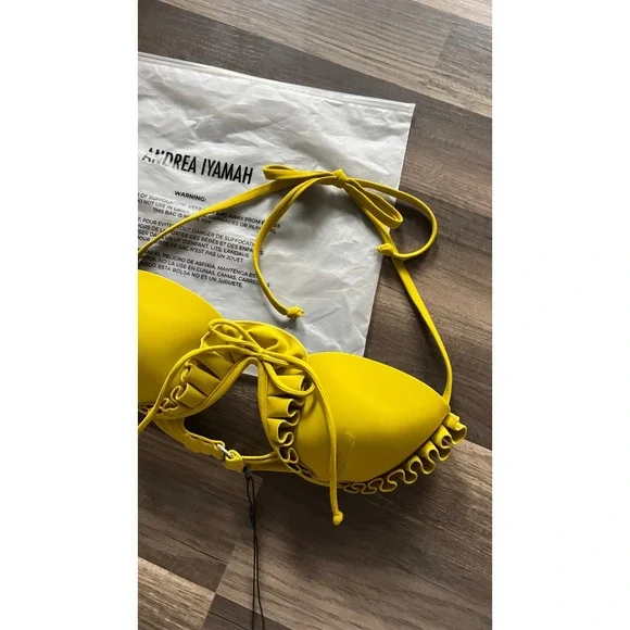 $198 NWT Andrea Iyamah Fula Bikini Top Womens Small Lemon Yellow Ruffle Halter